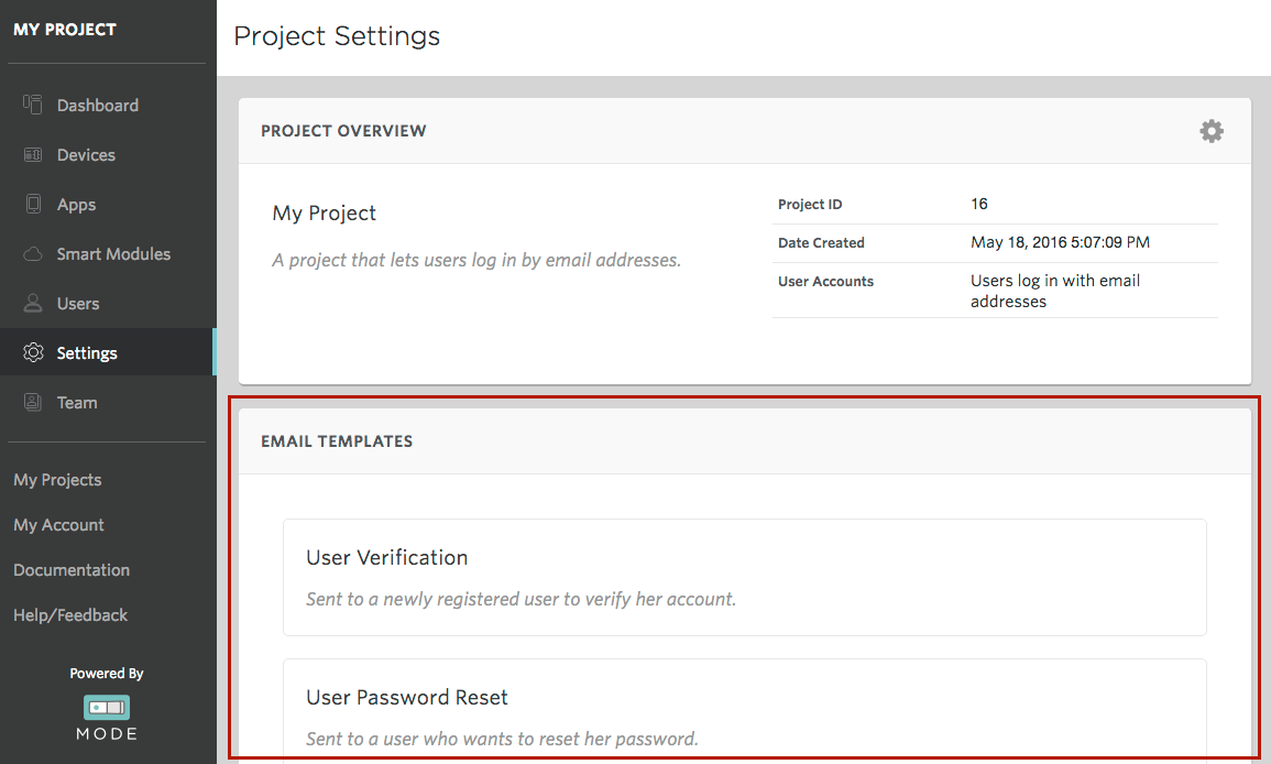 Screenshot - Project Settings for Emails