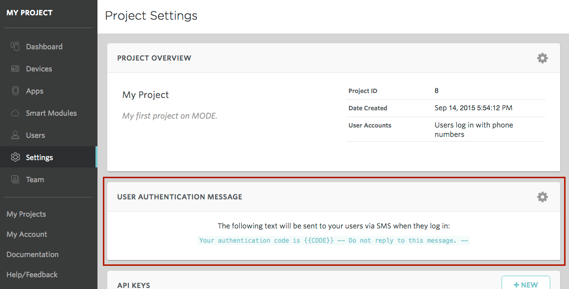 Screenshot - Project Settings for SMS Texts